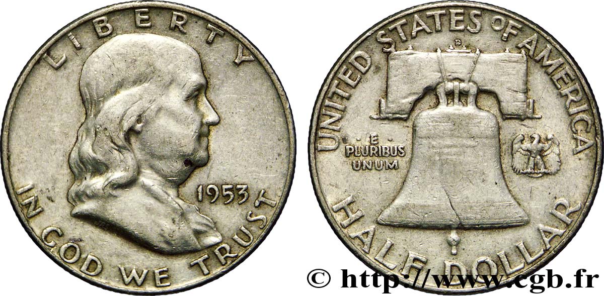 ÉTATS-UNIS D AMÉRIQUE 1/2 Dollar Benjamin Franklin 1953 Denver TB+ 