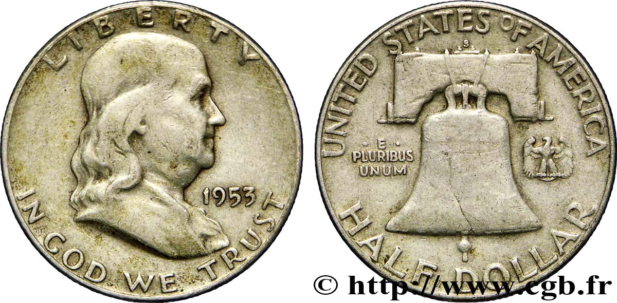 ÉTATS-UNIS D AMÉRIQUE 1/2 Dollar Benjamin Franklin 1953 San Francisco - S TB+ 