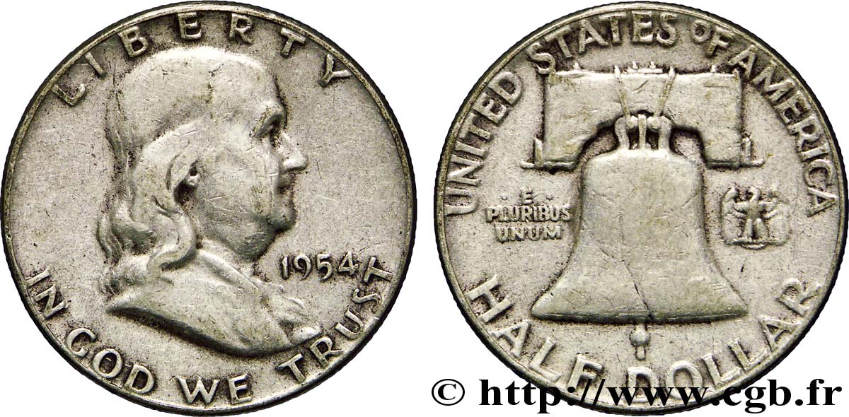 ÉTATS-UNIS D AMÉRIQUE 1/2 Dollar Benjamin Franklin 1954 Philadelphie TB 