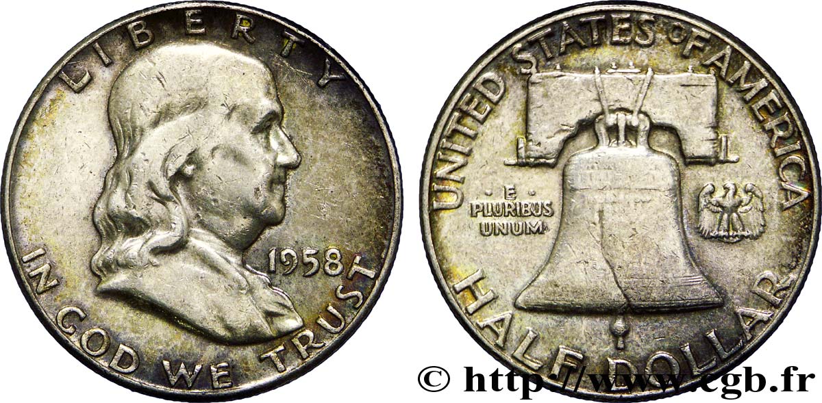 ÉTATS-UNIS D AMÉRIQUE 1/2 Dollar Benjamin Franklin 1958 Philadelphie TB+ 