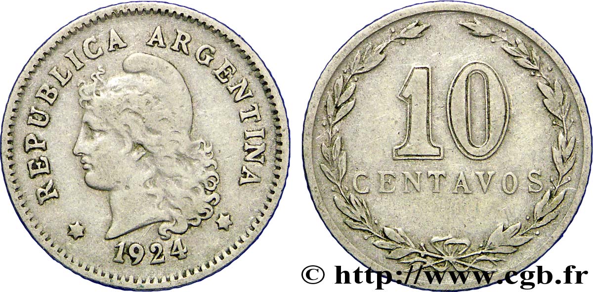 ARGENTINE 10 Centavos Liberté au bonnet 1924  TTB 