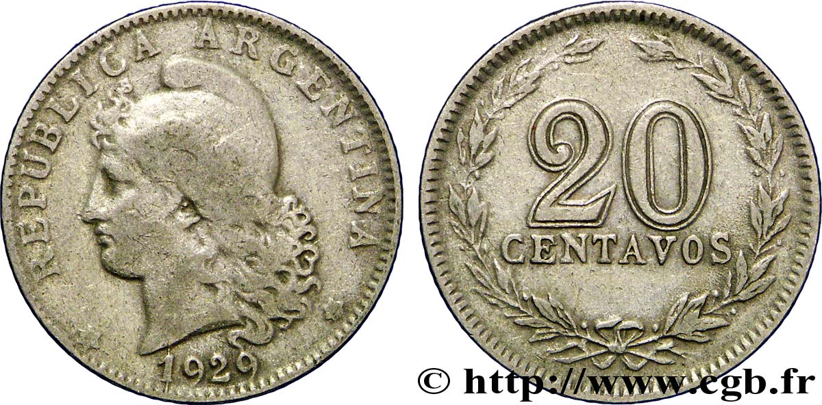 ARGENTINE 20 Centavos Liberté au bonnet  1929  TTB 