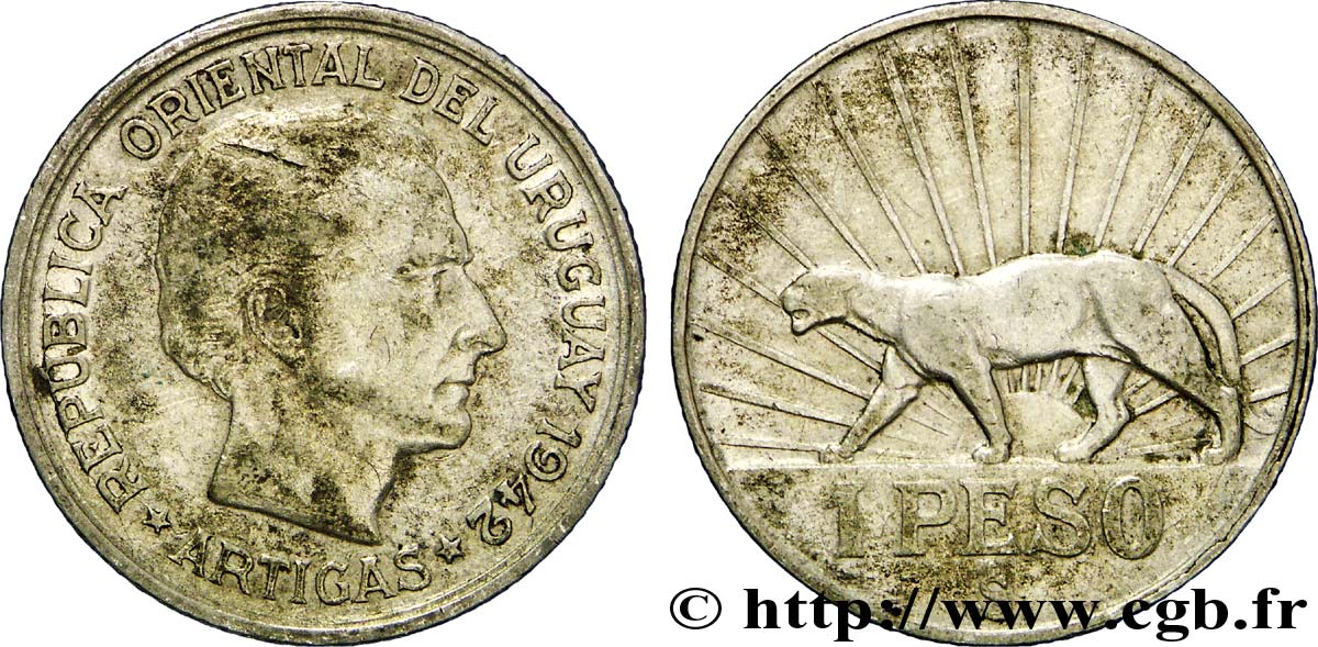 URUGUAY 1 Peso José Gervasio Artigas / puma 1942 Santiago - S° TTB 