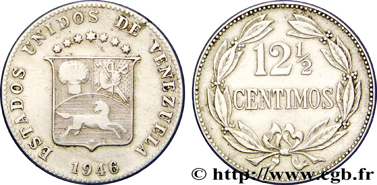 VENEZUELA 12 1/2 Centimos emblème, États Unis du Vénézuela 1946 Philadelphie TTB 