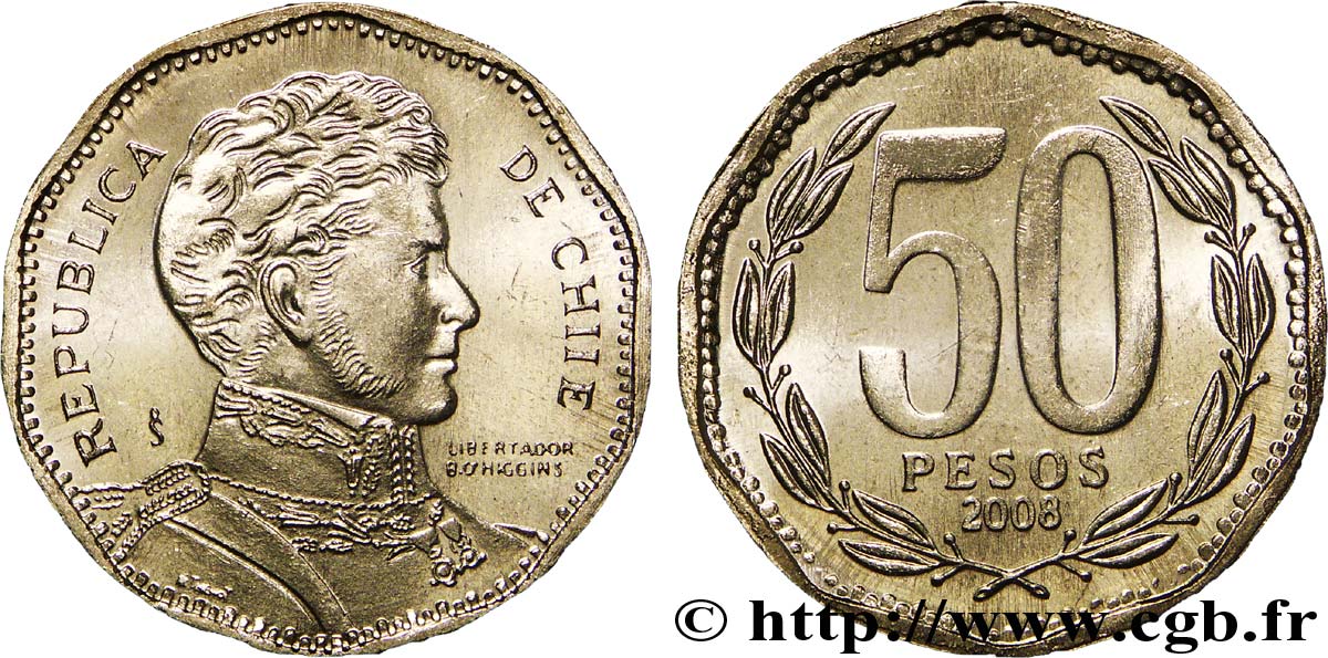 CHILI 50 Pesos Bernardo O’Higgins erreur frappe “CHIIE” 2008 Santiago - S° SPL 