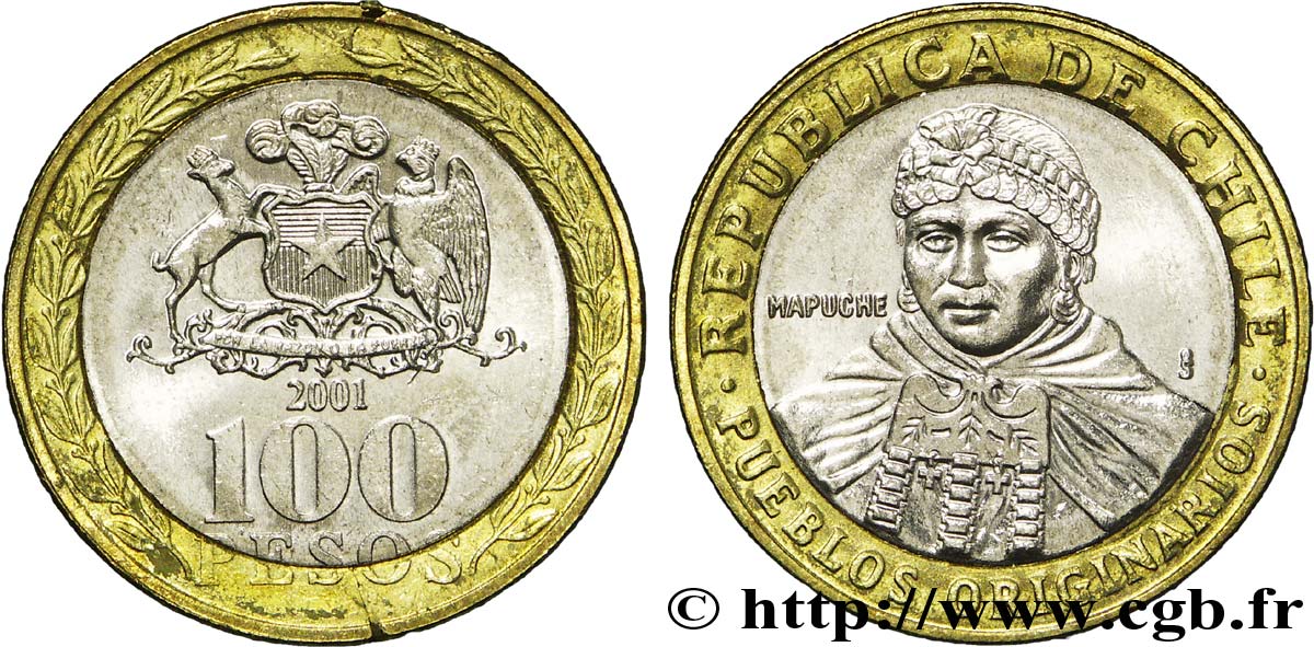CHILI 100 Pesos indienne mapuche / emblème 2001 Santiago - S° SPL 