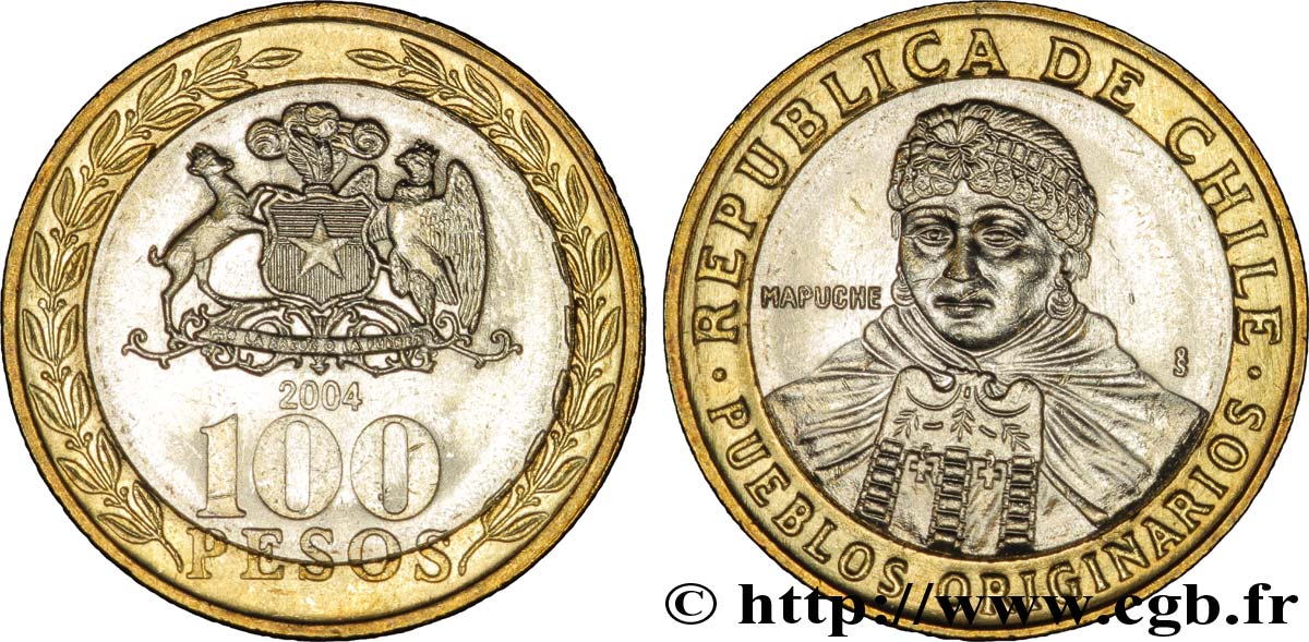 CHILI 100 Pesos indienne mapuche / emblème 2004 Santiago - S° SPL 