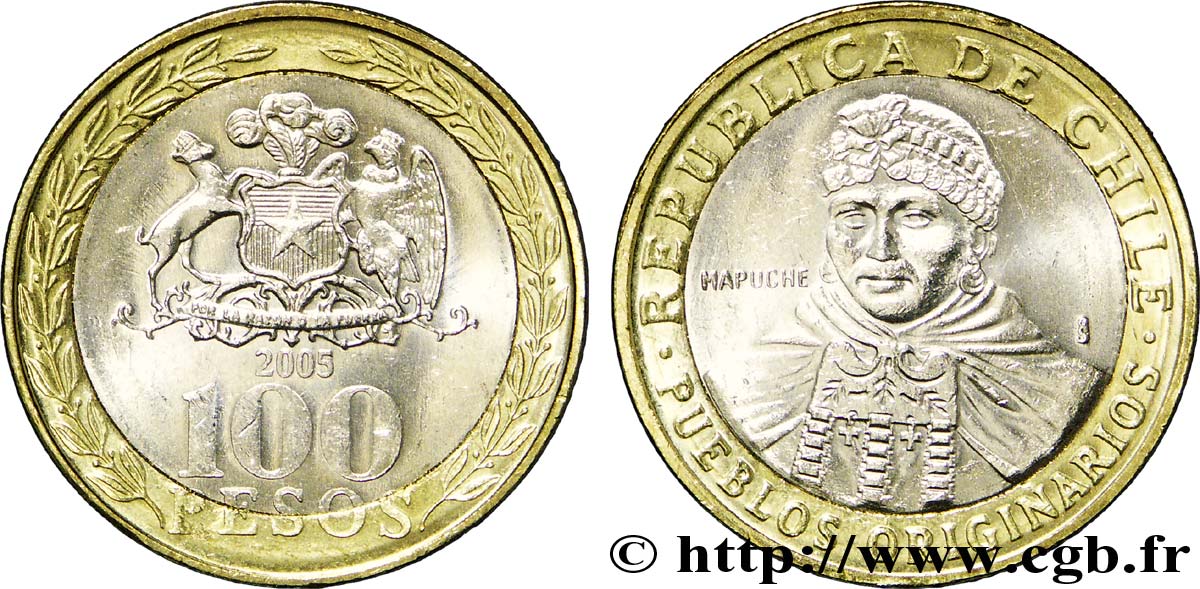 CHILI 100 Pesos indienne mapuche / emblème 2005 Santiago - S° SPL 