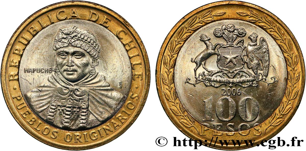 CILE 100 Pesos indienne mapuche / emblème 2006 Santiago - S° MS 