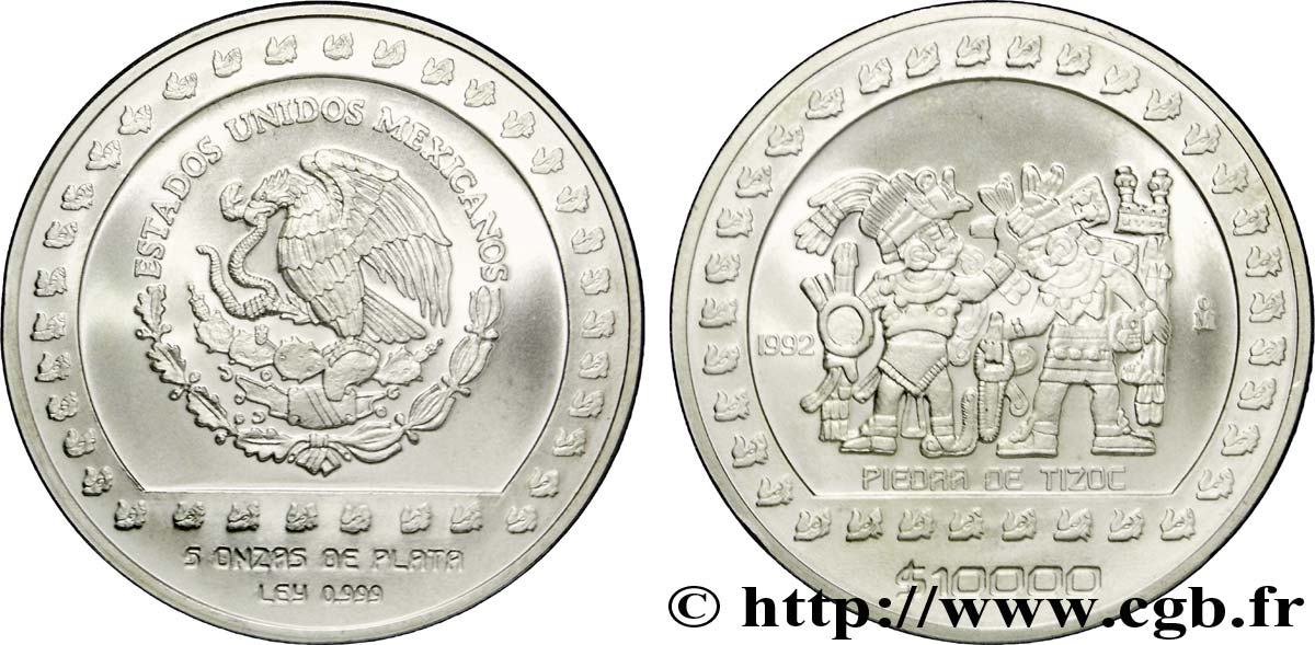 MEXIQUE 10000 Pesos (5 onces) aigle / scène tirée de la pierre de Tizoc (Mexico) 1992 Mexico SPL 