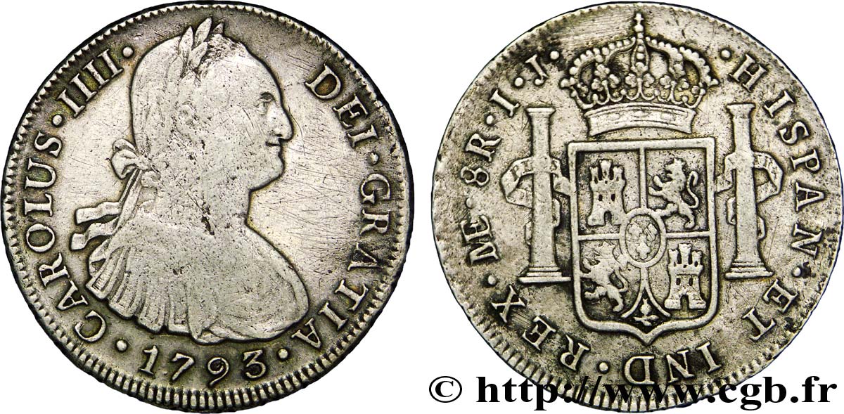 PÉROU 8 Reales Charles IIII d’Espagne IJ 1793 Lima TB 