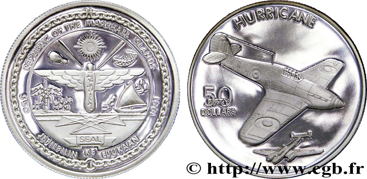 ÎLES MARSHALL 50 Dollars avions de la seconde guerre mondiale : armes / Hawker Hurricane 1991 Sunshine Mining Mint - S FDC 