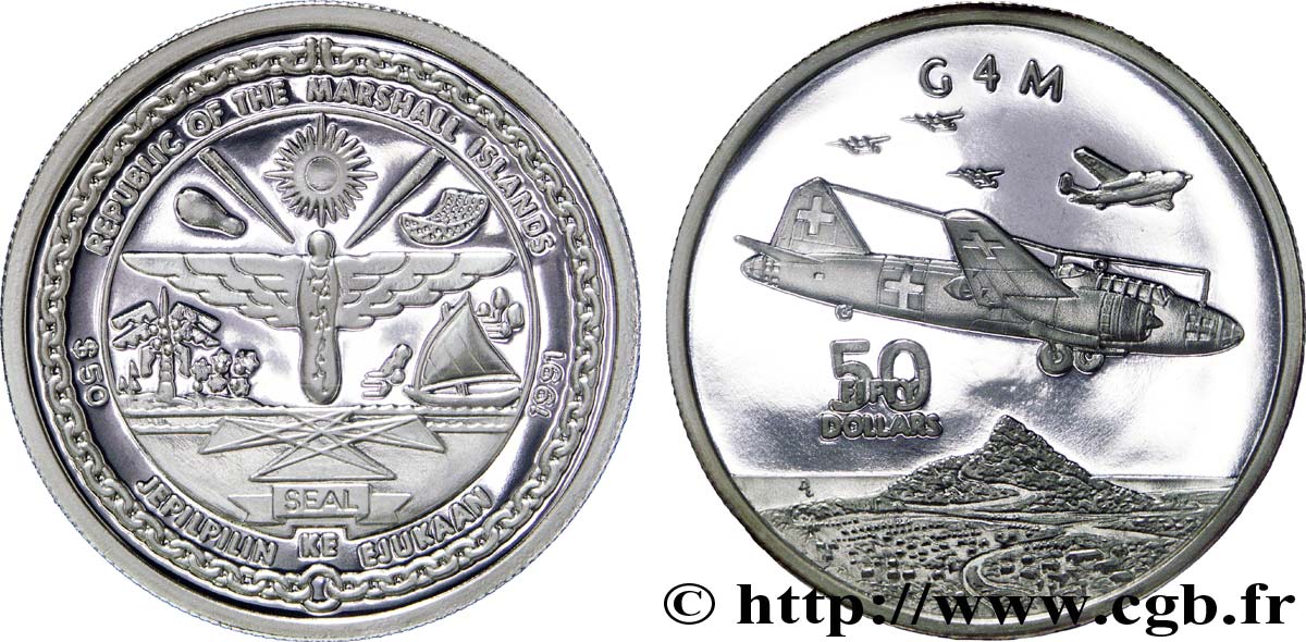 ÎLES MARSHALL 50 Dollars avions de la seconde guerre mondiale : armes / Mitsubishi G4M 1991 Sunshine Mining Mint - S FDC 
