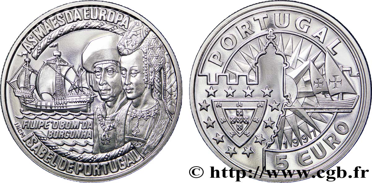 PORTUGAL 5 Euro emblème / Isabelle du Portugal et Philippe III de Bourgogne 1997  FDC 