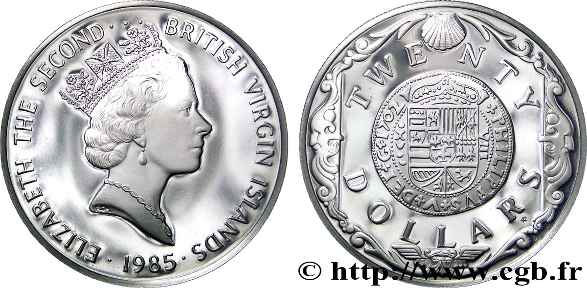 ÎLES VIERGES BRITANNIQUES 20 Dollars Proof Elisabeth II / monnaie d’or de Philippe V 1985  FDC 