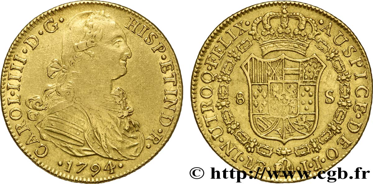 PÉROU 8 Escudos or Charles IIII d’Espagne / écu couronné 1794 Lima TTB 