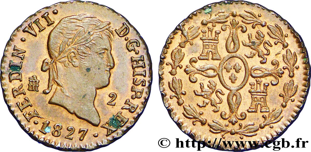 ESPAGNE 2 Maravedis Ferdinand VII 1827 Ségovie SUP