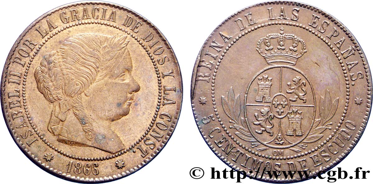 ESPAGNE 5 Centimos de Escudo Isabelle II / écu couronné 1866 Barcelone TTB+ 