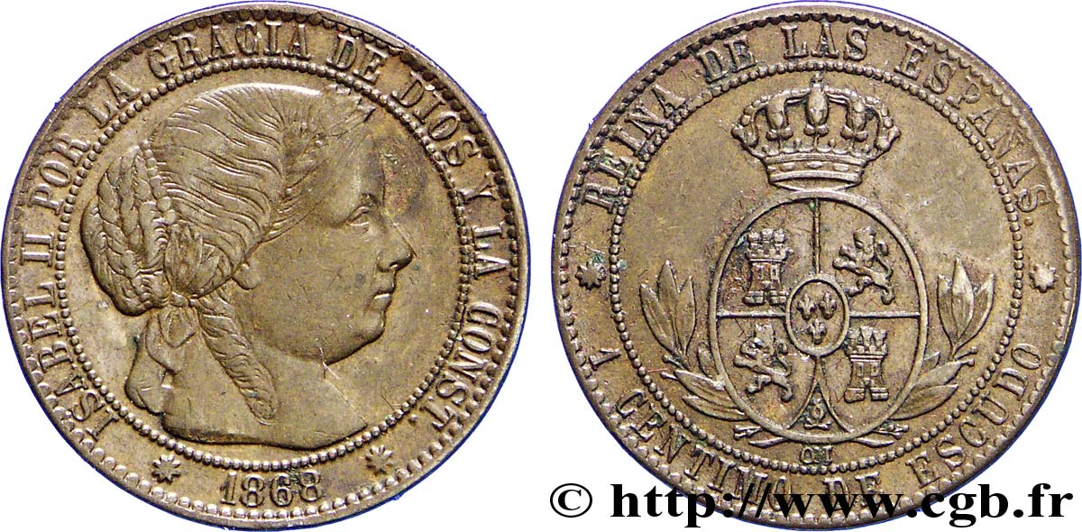 ESPAGNE 1 Centimo de Escudo Isabelle II / écu couronné 1868 Barcelone SUP 