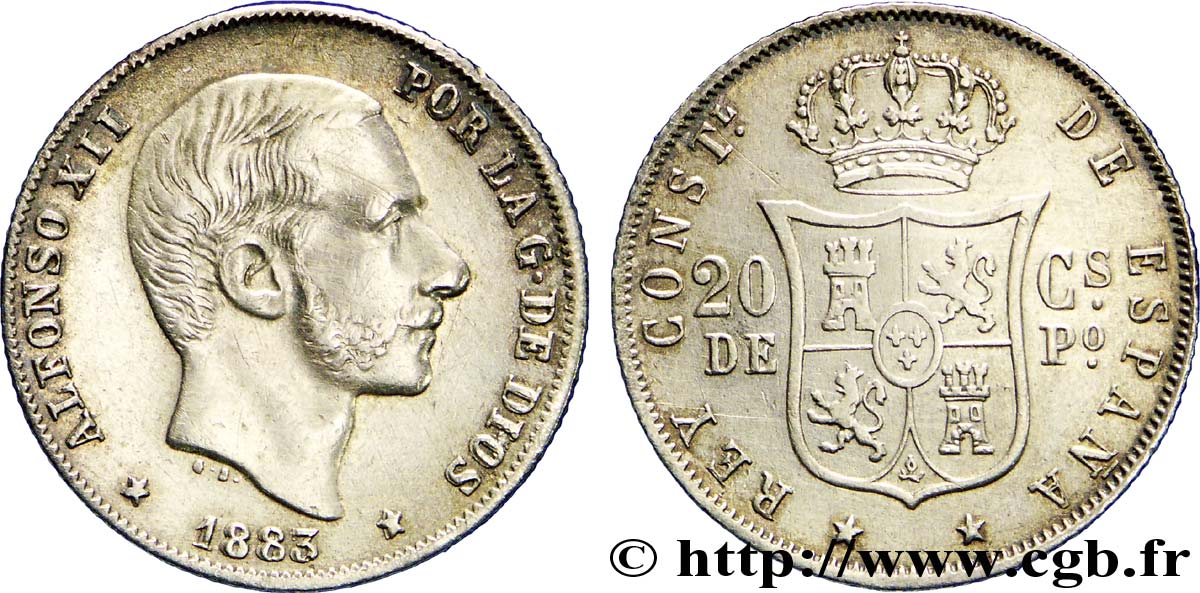 PHILIPPINES 20 Centimos de Peso Alphonse XII date surfrappée 1883 Manille TTB+ 