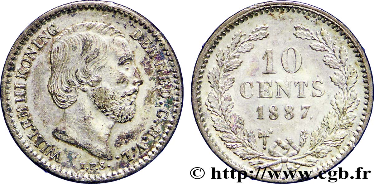 NETHERLANDS 10 Cents Guillaume III 1887 Utrecht AU 