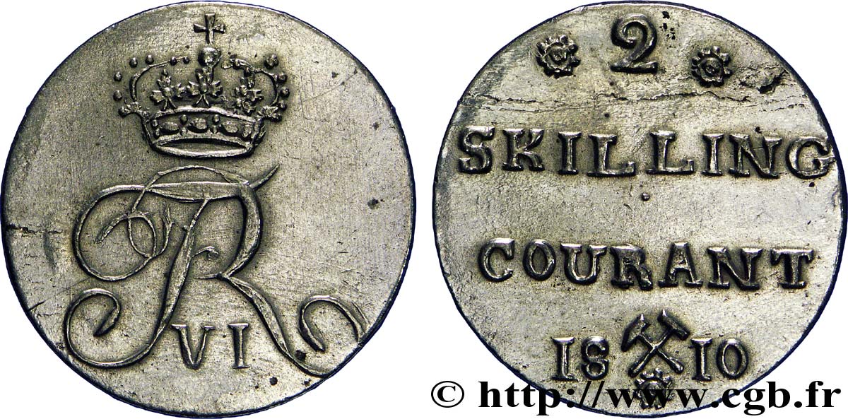 NORVÈGE 2 Skilling monogramme de Frédéric VI roi du Danemark variété avec fleurettes à 8 pétales et argenture 1810  TTB+ 