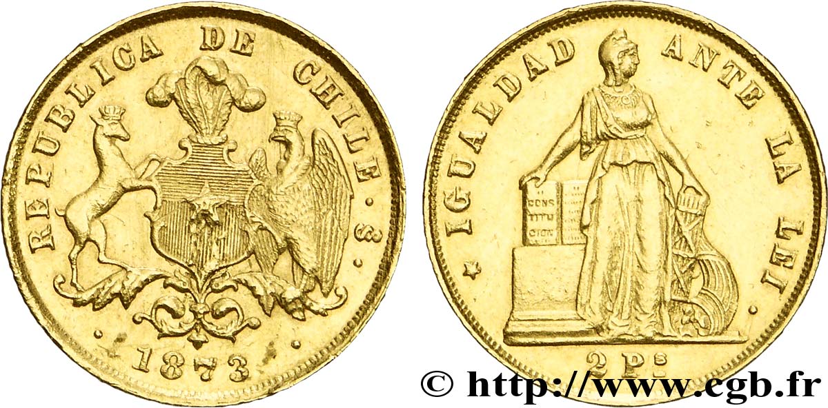 CHILI 2 Pesos Or 1873 Santiago du Chili TTB+ 