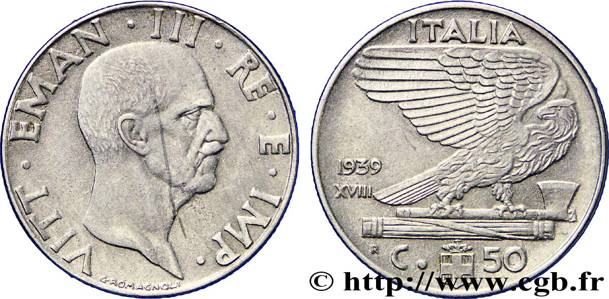 ITALIE 50 Centesimi  Victor Emmanuel III an XVIII / aigle sur faisceau 1939 Rome - R TTB+ 