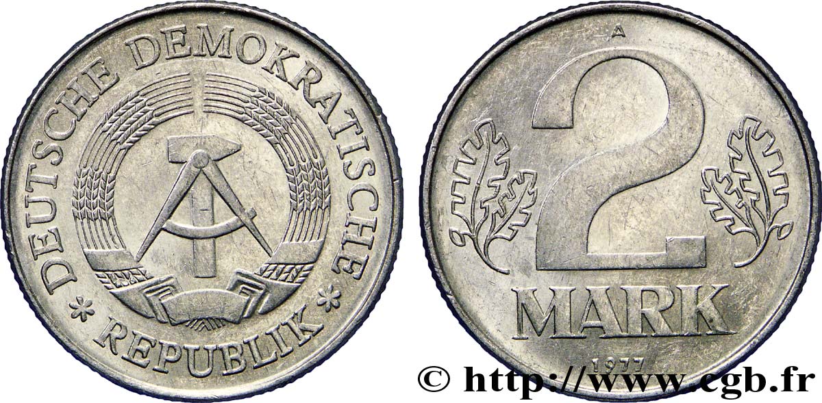 ALLEMAGNE RÉPUBLIQUE DÉMOCRATIQUE 2 Mark emblème de la RDA 1977 Berlin SUP 