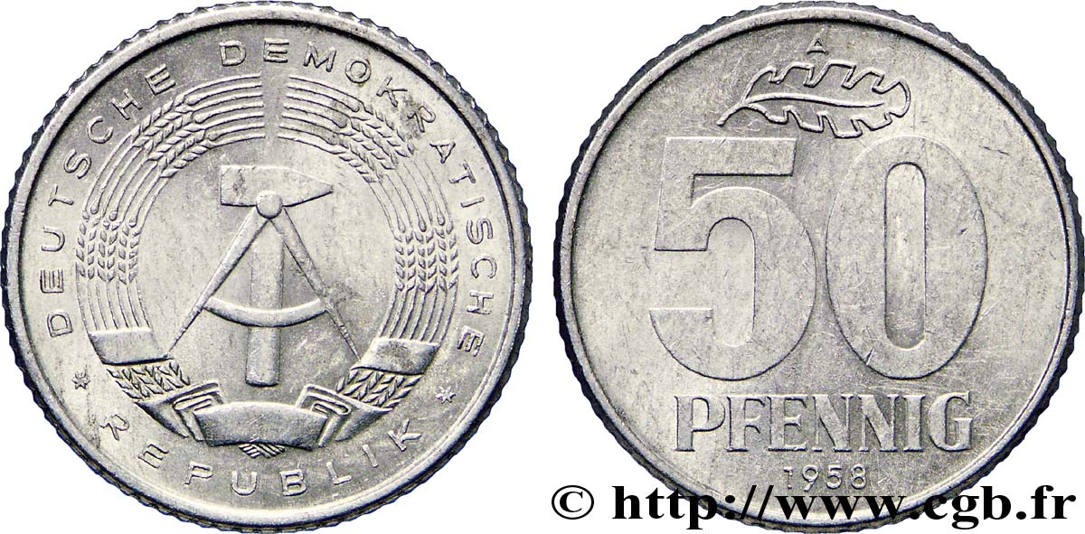 ALLEMAGNE RÉPUBLIQUE DÉMOCRATIQUE 50 Pfennig emblème de la RDA 1958 Berlin TTB+ 