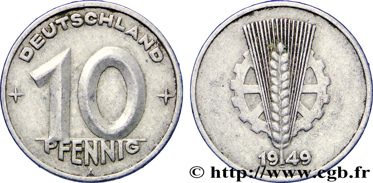 ALLEMAGNE RÉPUBLIQUE DÉMOCRATIQUE 10 Pfennig engrenage et épi type Deutschland 1949 Berlin TB 
