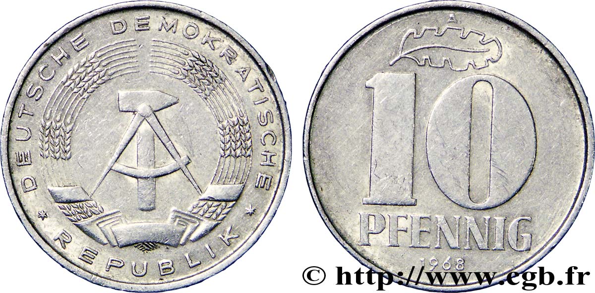 ALLEMAGNE RÉPUBLIQUE DÉMOCRATIQUE 10 Pfennig emblème de la RDA 1968 Berlin TTB 