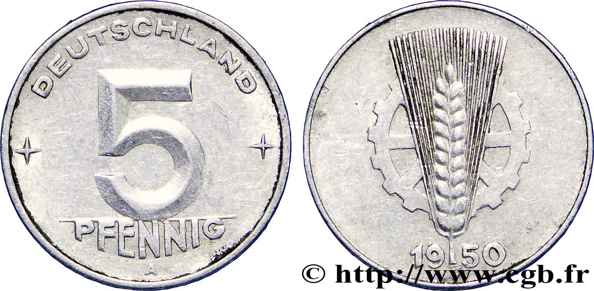 ALLEMAGNE RÉPUBLIQUE DÉMOCRATIQUE 5 Pfennig épis et engrenage type Deutschland 1950 Berlin TTB 