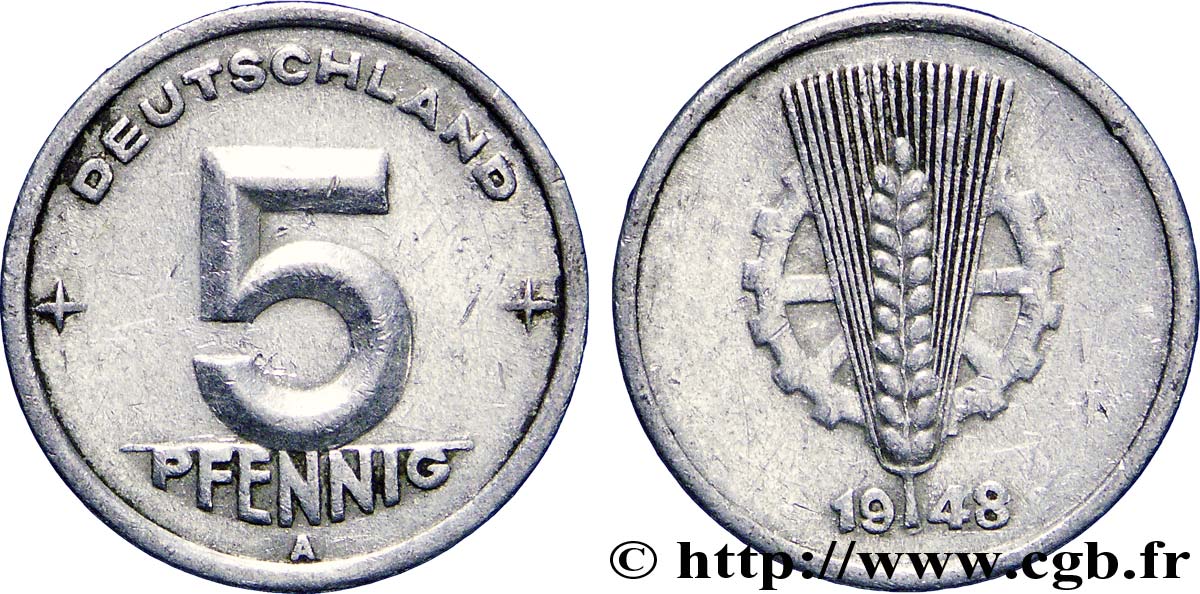ALLEMAGNE DE L EST 5 Pfennig épis et engrenage type Deutschland 1948 Berlin TTB 