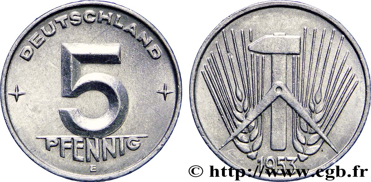 ALLEMAGNE RÉPUBLIQUE DÉMOCRATIQUE 5 Pfennig épis, marteaux et compas type Deutschland 1953 Berlin SUP 