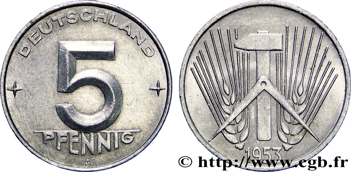 ALLEMAGNE RÉPUBLIQUE DÉMOCRATIQUE 5 Pfennig épis, marteaux et compas type Deutschland 1953 Muldenhütten - E SUP 
