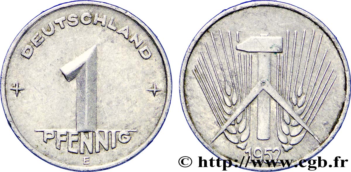 ALLEMAGNE RÉPUBLIQUE DÉMOCRATIQUE 1 Pfennig épis, marteaux et compas type Deutschland 1952 Muldenhütten - E TTB 