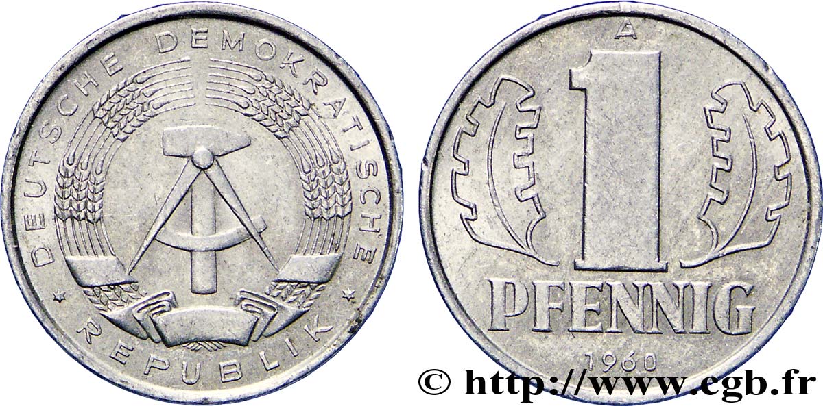 ALLEMAGNE RÉPUBLIQUE DÉMOCRATIQUE 1 Pfennig emblème de la RDA 1960 Berlin SUP 