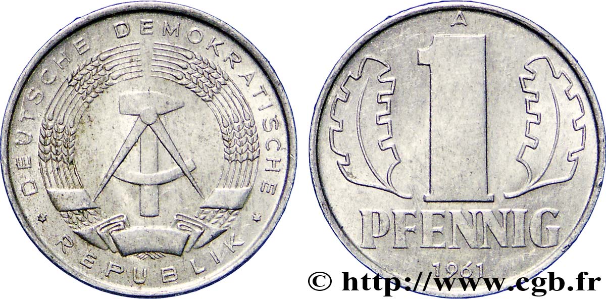 ALLEMAGNE RÉPUBLIQUE DÉMOCRATIQUE 1 Pfennig emblème de la RDA 1961 Berlin SUP 