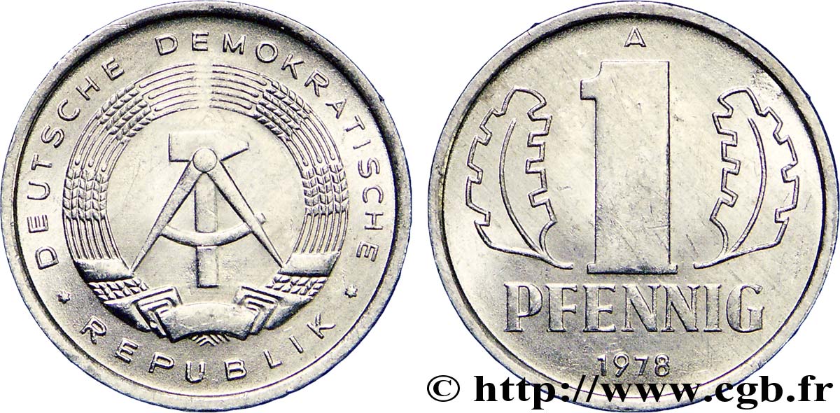ALLEMAGNE RÉPUBLIQUE DÉMOCRATIQUE 1 Pfennig emblème de la RDA 1978 Berlin SUP 
