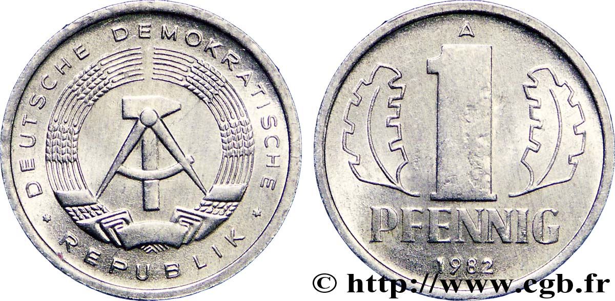 ALLEMAGNE RÉPUBLIQUE DÉMOCRATIQUE 1 Pfennig emblème de la RDA 1982 Berlin SUP 