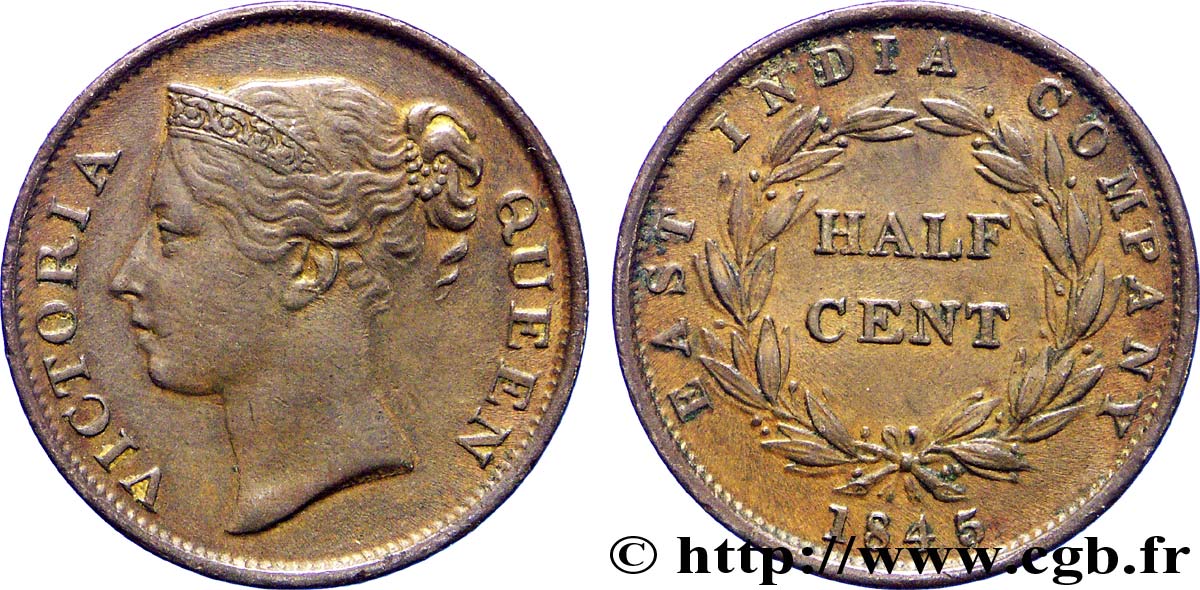MALAISIE - ÉTABLISSEMENTS DES DÉTROITS 1/2 Cent Victoria variété avec WW sur le buste 1845  SUP 