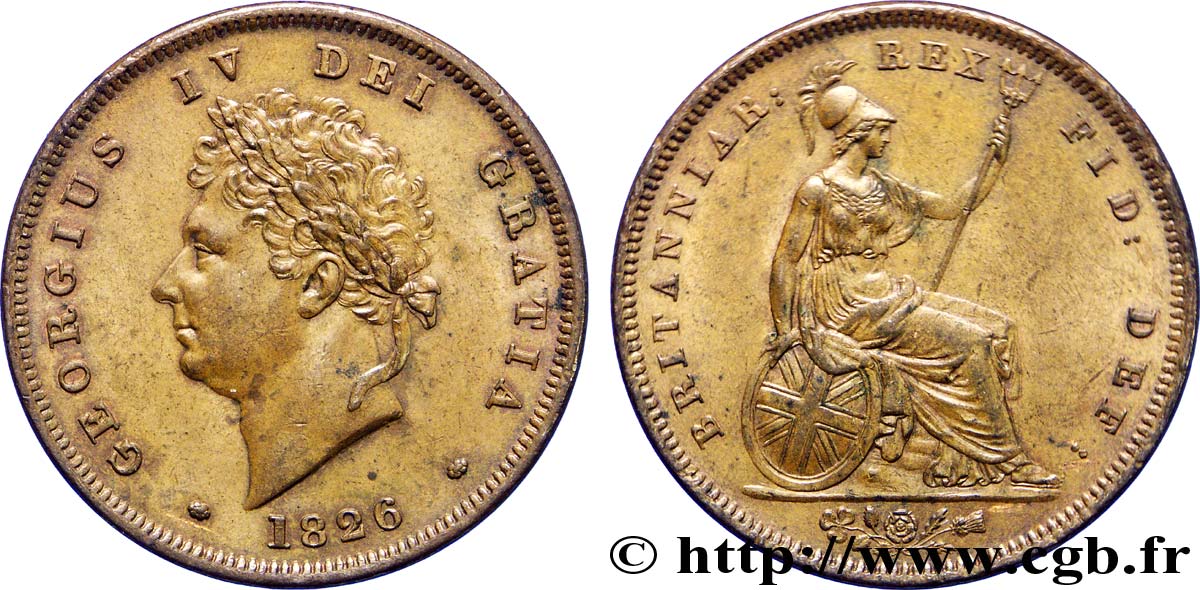 ROYAUME-UNI 1 Penny Georges IV tête laurée / Britannia 1826  SUP 