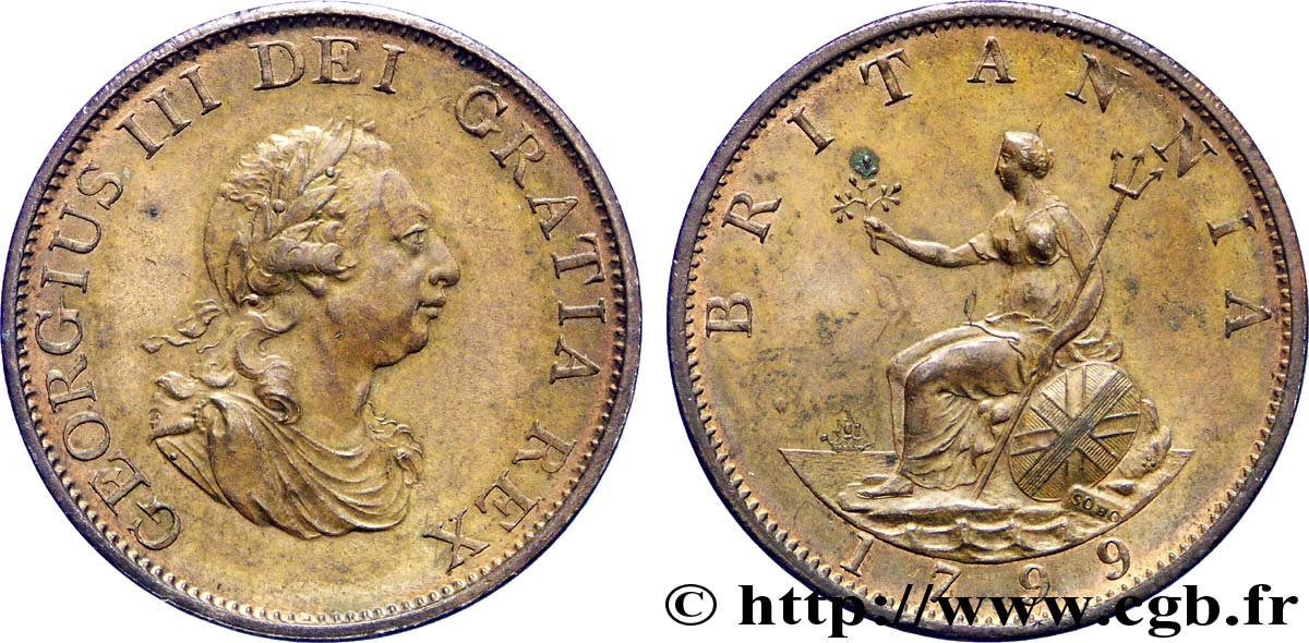 ROYAUME-UNI 1/2 Penny Georges III tête laurée 1799 Soho SUP 