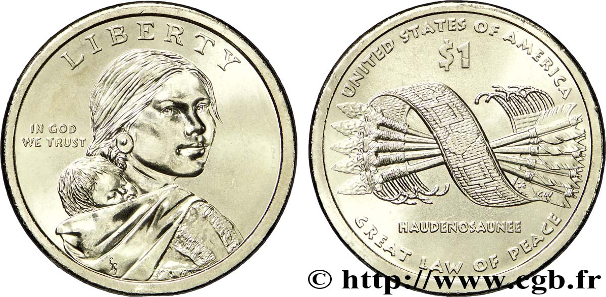 ÉTATS-UNIS D AMÉRIQUE 1 Dollar Sacagawea / ceinture d’Hiawatha unissant les 5 nations iroquoises type tranche A 2010 Philadelphie - P SPL 