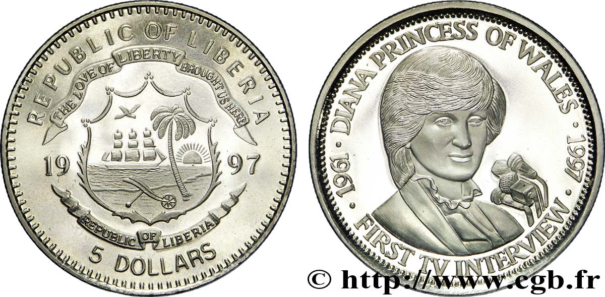LIBERIA 5 Dollars emblème / première interview télévisée de la princesse Diana 1997  SPL 