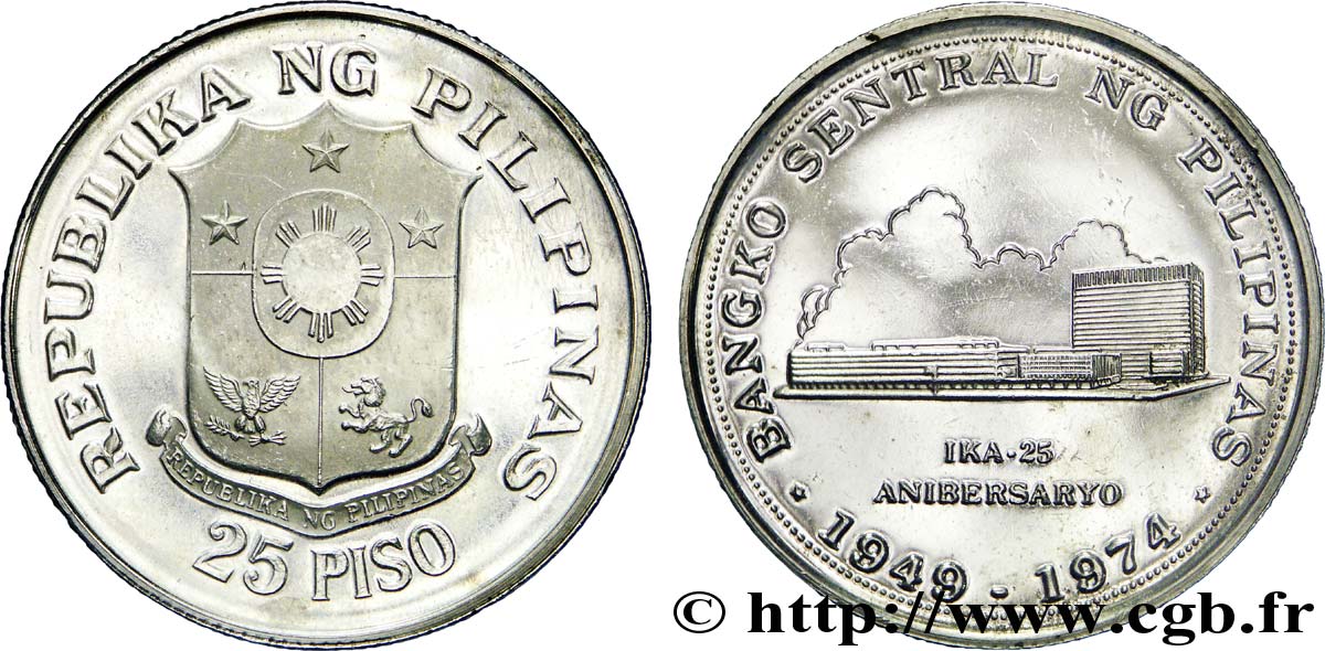 PHILIPPINES 25 Piso emblème / 25e anniversaire de la banque centrale 1975  SUP 