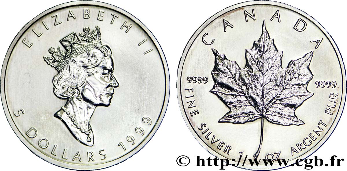 CANADA 5 Dollars (1 once) feuille d’érable / Elisabeth II 1999  SUP 