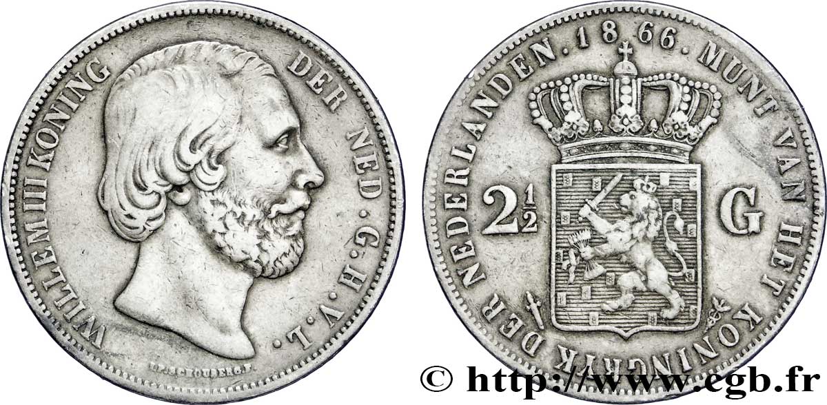 PAYS-BAS 2 1/2 Gulden Guillaume III 1866 Utrecht TTB 