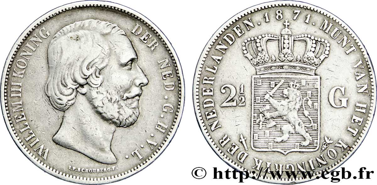 PAYS-BAS 2 1/2 Gulden Guillaume III 1871 Utrecht TTB 